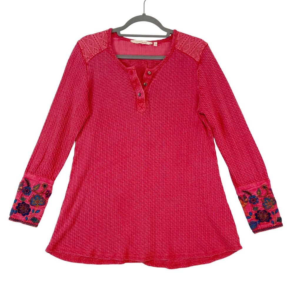 Soft Surroundings Embroidered Henley Top Women's Sz PL Red Waffle Knit Boho